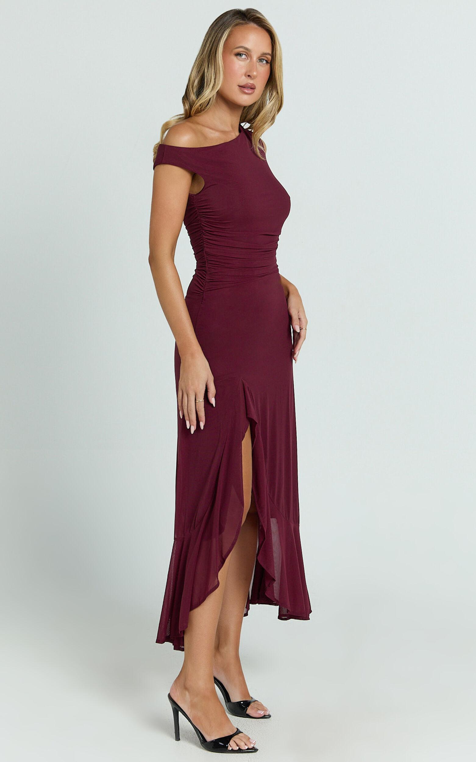 Judee Midi Dress - One Shoulder High Side Split Dress in Wine Product Image