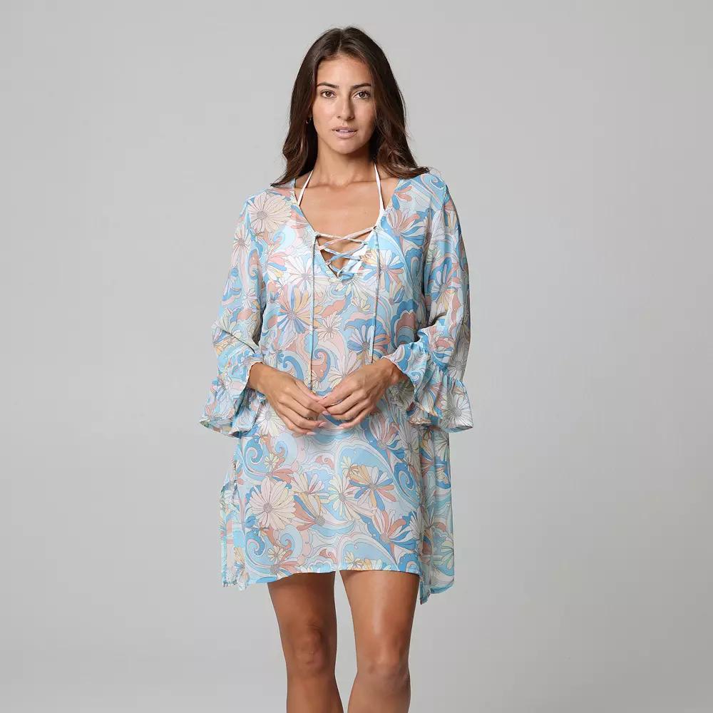 Womens J. Valdi Ruffle Sleeve Lace Up Swim Cover-Up Tunic Product Image