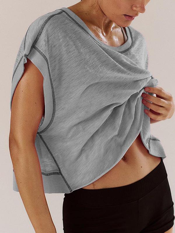 Loose Raglan Sleeve Hollow Split-Joint Round-Neck T-Shirts Product Image