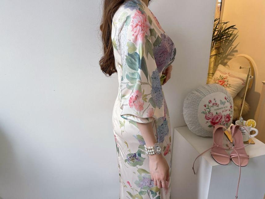 Balloon Sleeve V-Neck Floral Print Maxi Mermaid Wrap Dress Product Image