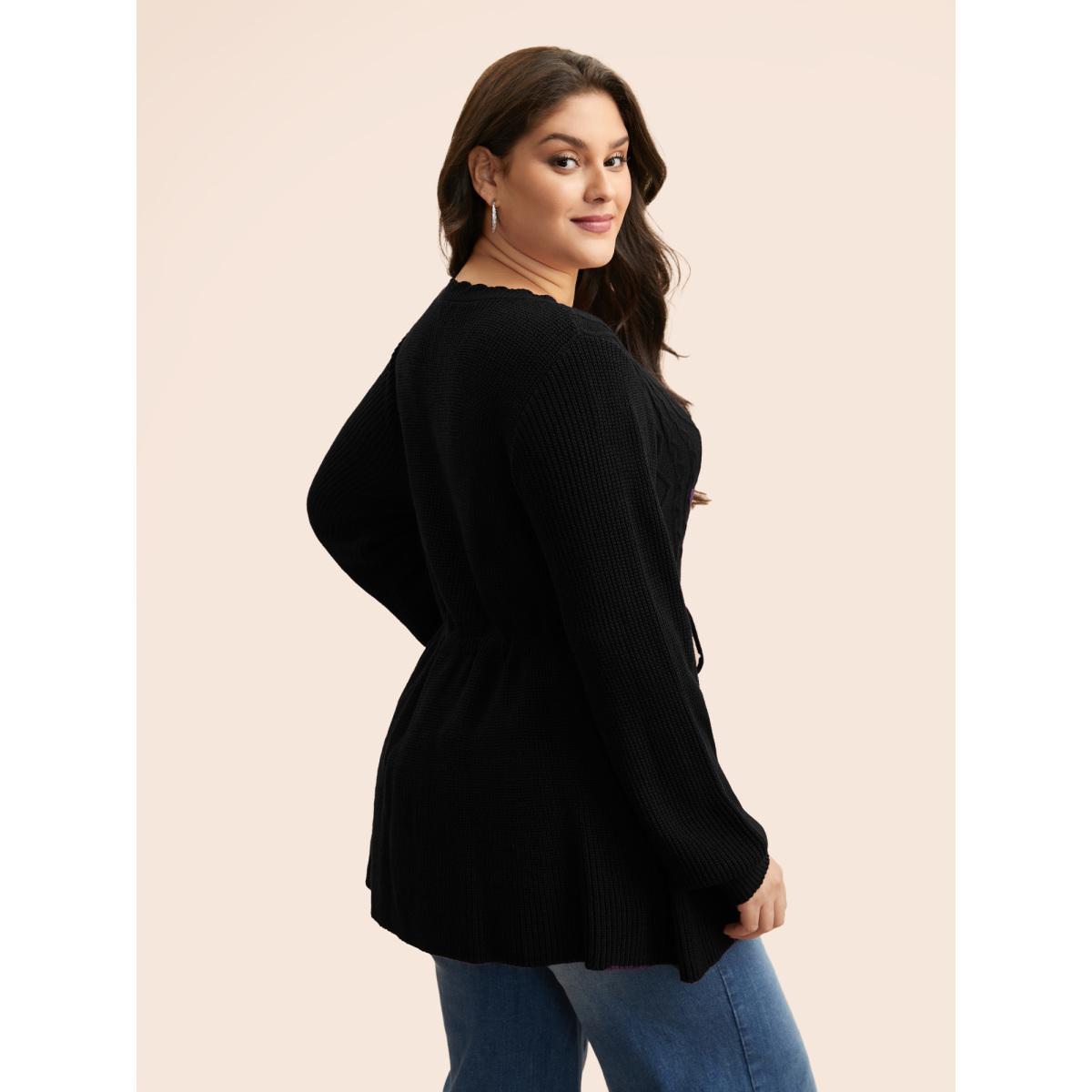 Plus Size V Neck Cable Knit Drawstring Pullover Black Women Casual Long Sleeve V-neck Everyday Pullovers BloomChic 30/6X Product Image