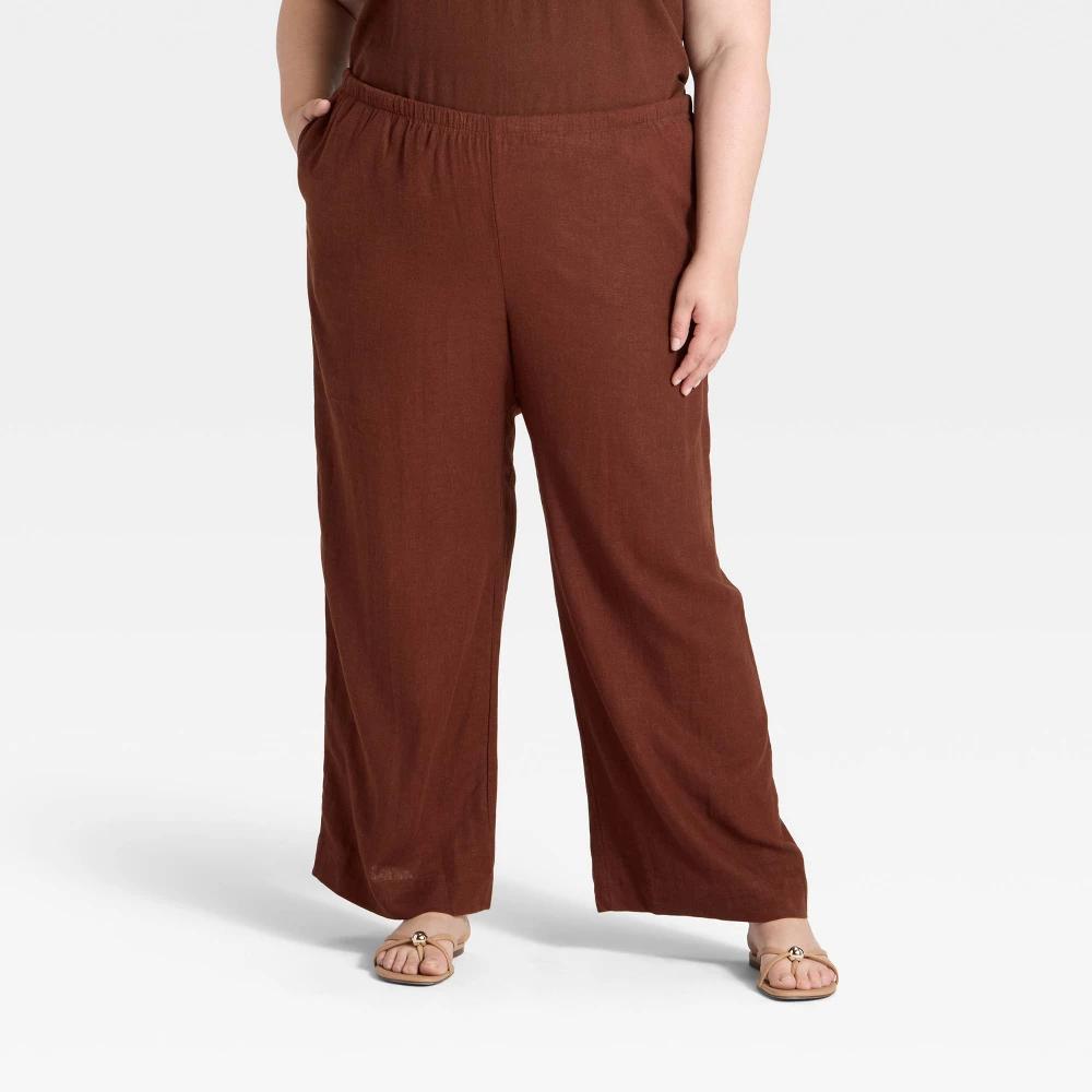 Women's Mid-Rise Wide Leg Linen Pull-On Pants - A New Day™ Brown 4X Long Product Image
