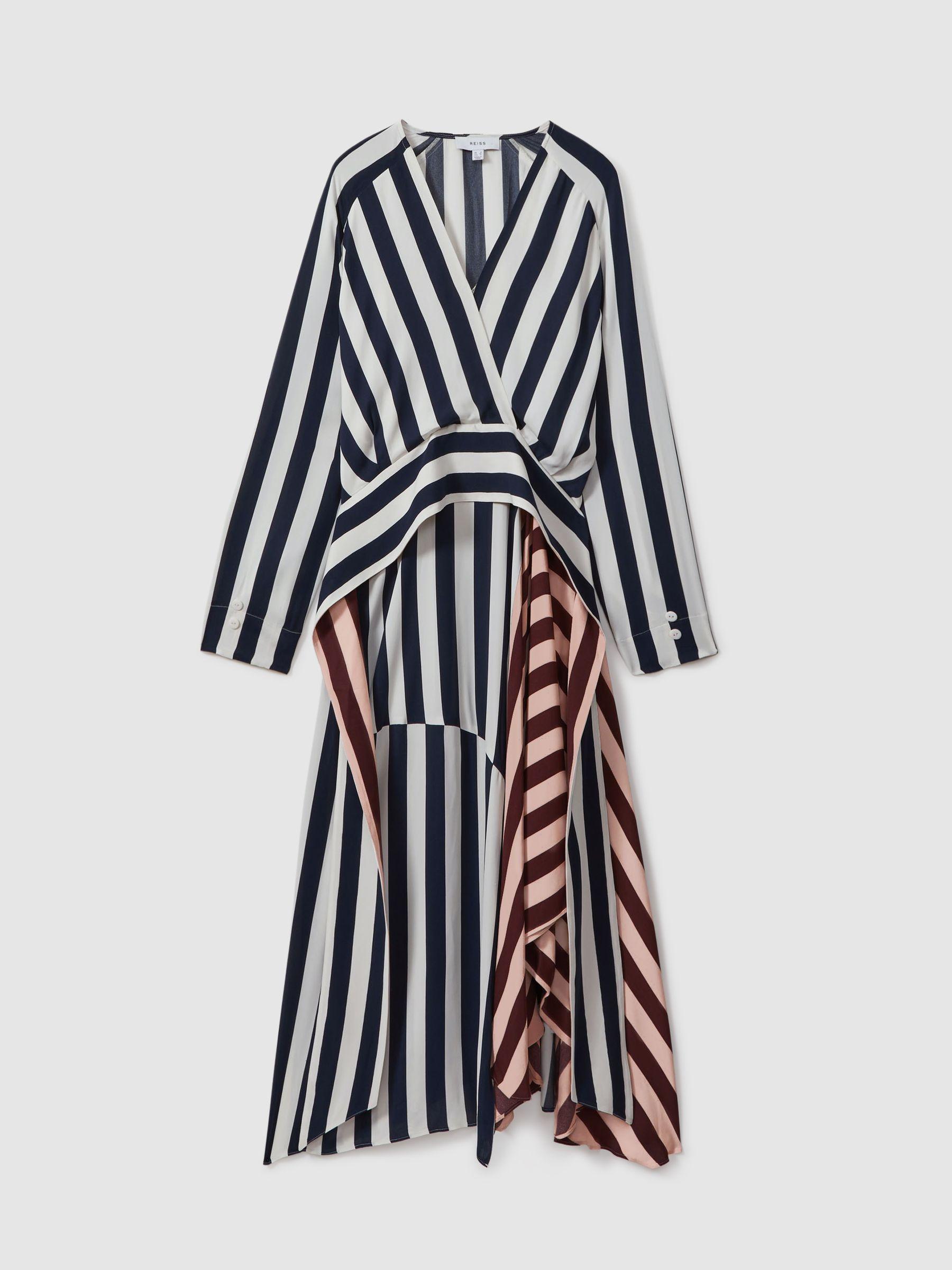 Colourblock Stripe Asymmetric Midi Dress in Navy/Off White Product Image