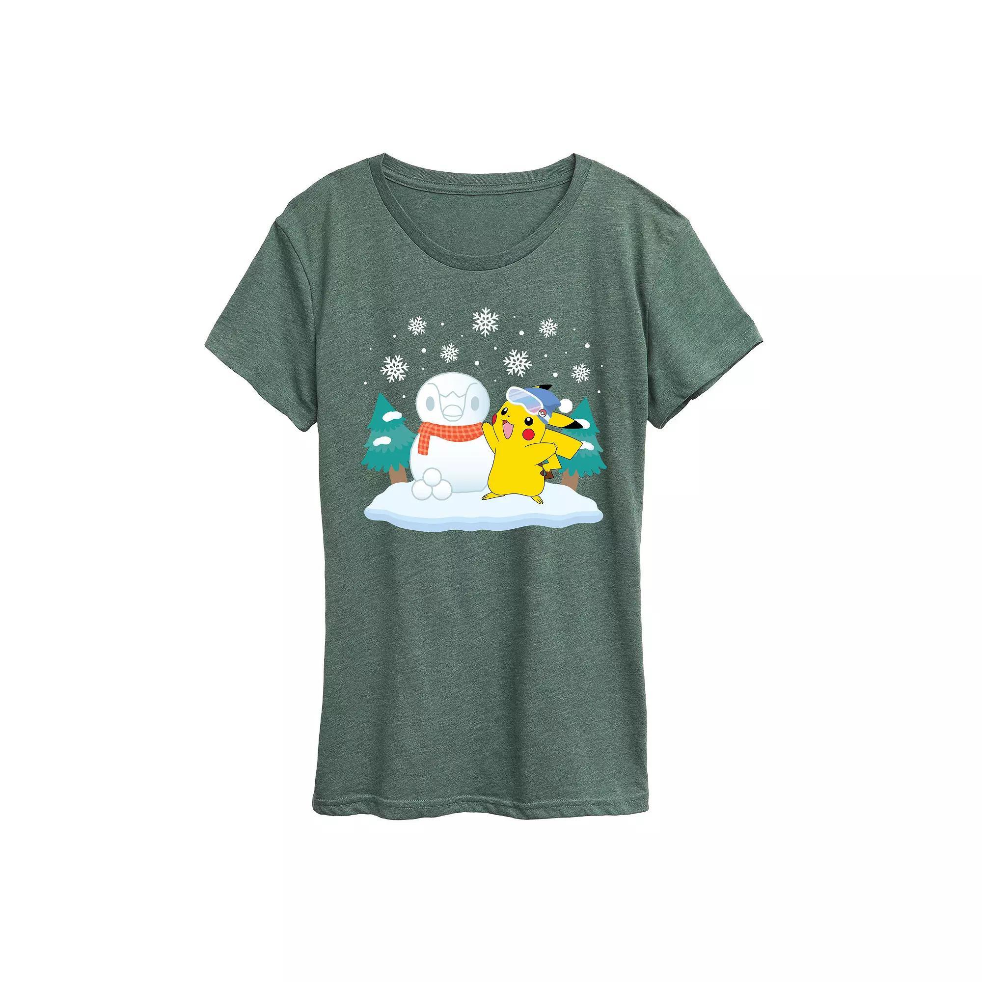 Women's Pokemon Pikachu Piplup Snowman Graphic Tee, Size: Small, Grey Green Product Image