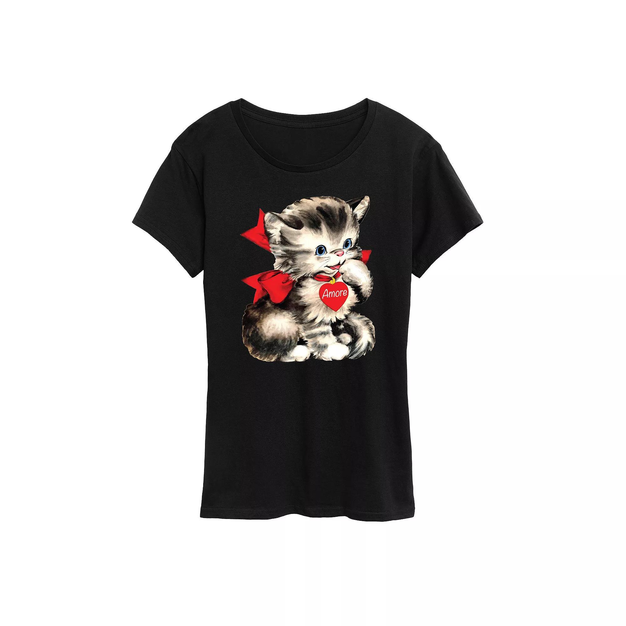Women's Amore Vintage Valentine's Kitten Graphic Tee, Size: XL, Black Product Image