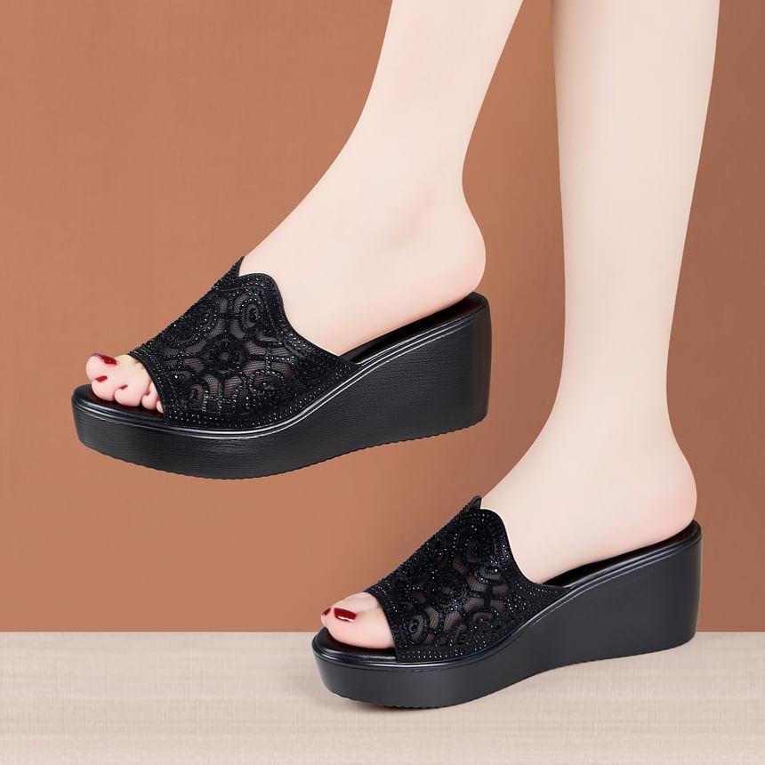 Platform Rhinestone Cutout Slide Sandals Product Image