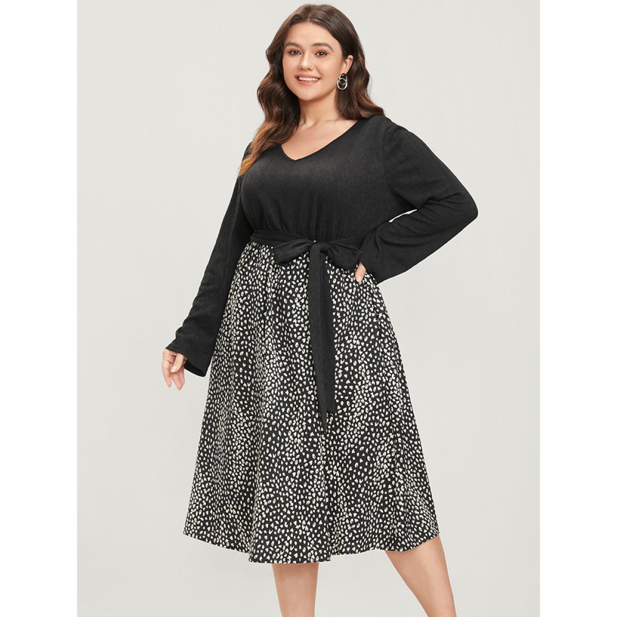 Plus Size Leopard Patchwork V Neck Pocket Belted Textured Dress Black Women Elegant Patchwork V-neck Long Sleeve Curvy Midi Dress BloomChic 14-16/1X Product Image