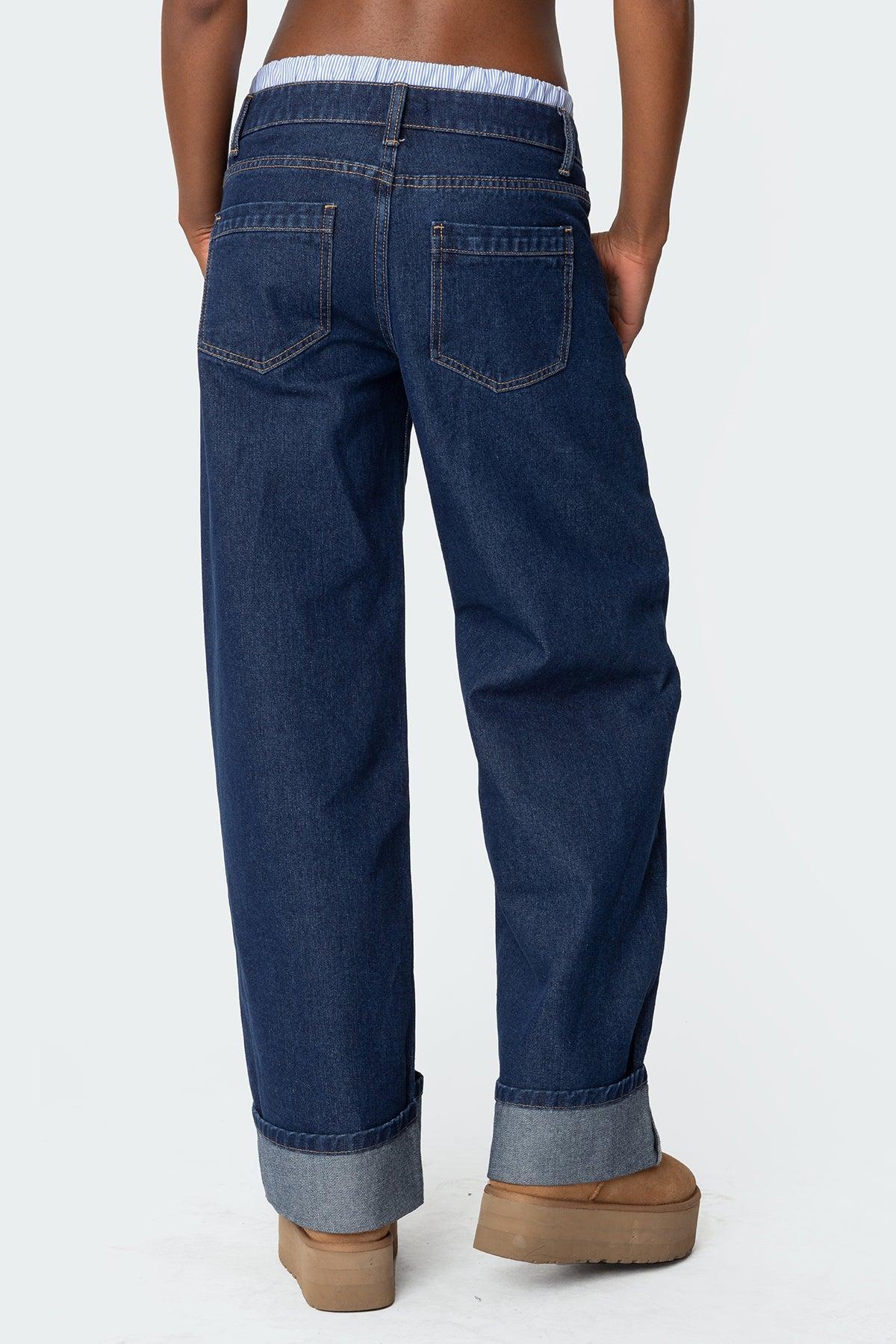 Striped Boxer Detail Low Rise Baggy Jeans Product Image