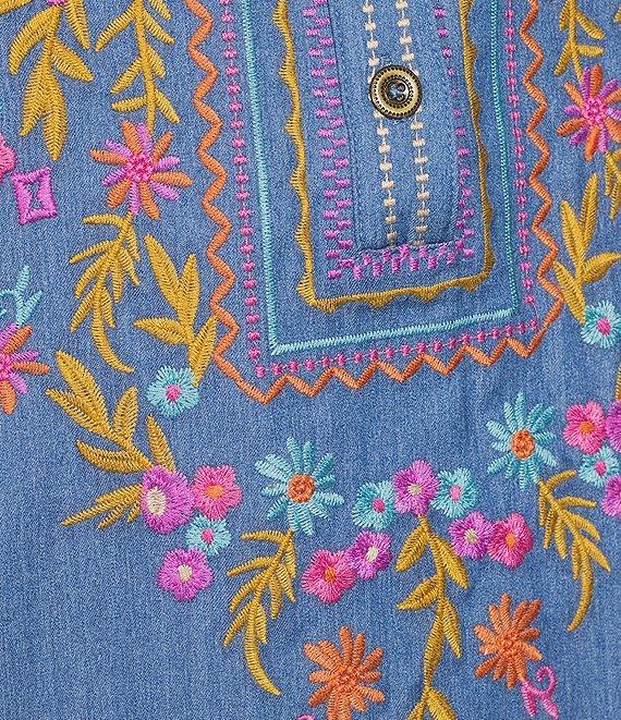 Calessa Embroidered Patchwork Split V-Neck 3/4 Sleeve Tunic Product Image