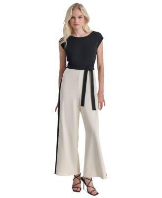 Dkny Womens Colorblocked Cap-Sleeve Belted Jumpsuit - Black Product Image