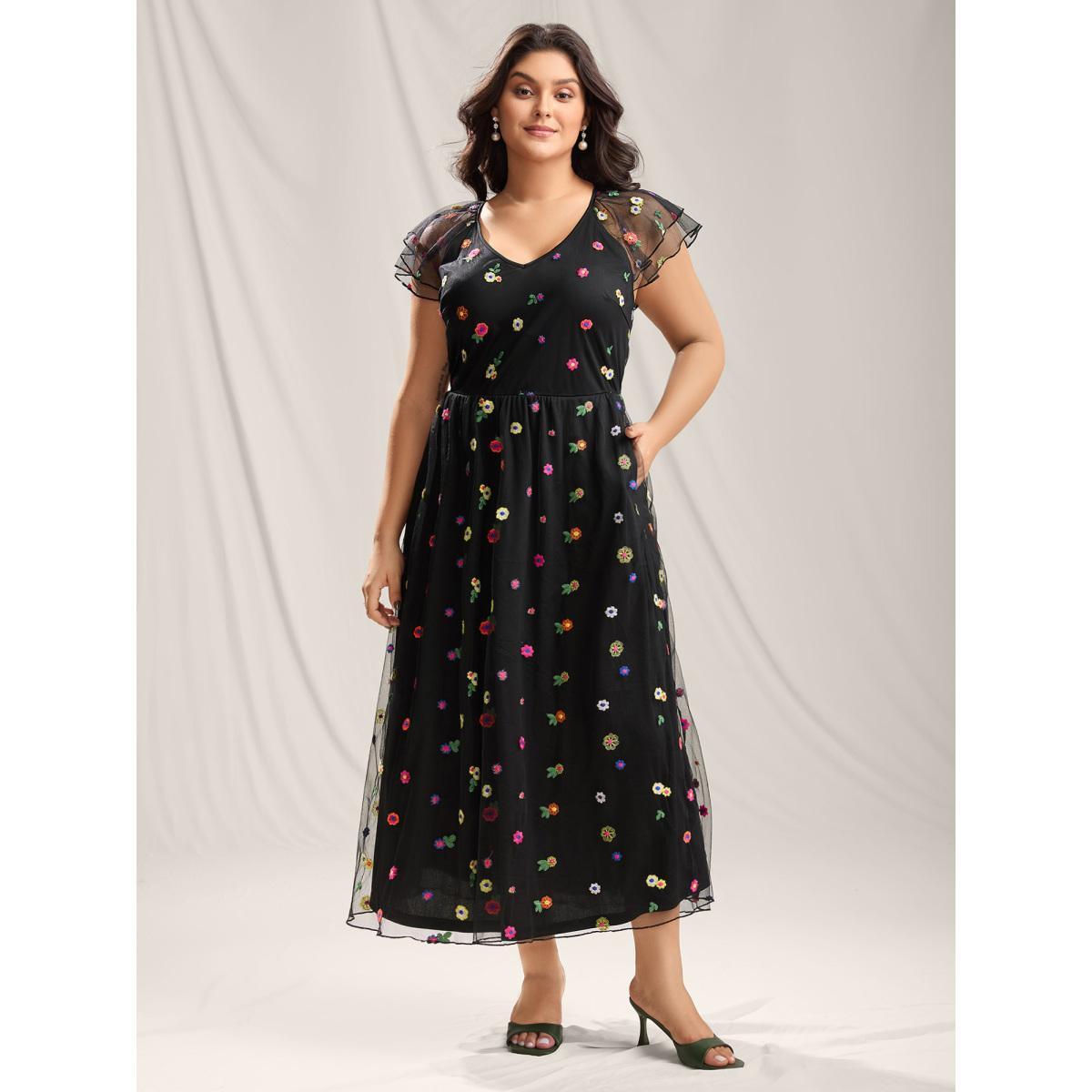 Plus Size Embroidered Colorful Dots Lined Midi Dress Black Women V-neck Cap Sleeve Curvy BloomChic 28/5X Product Image