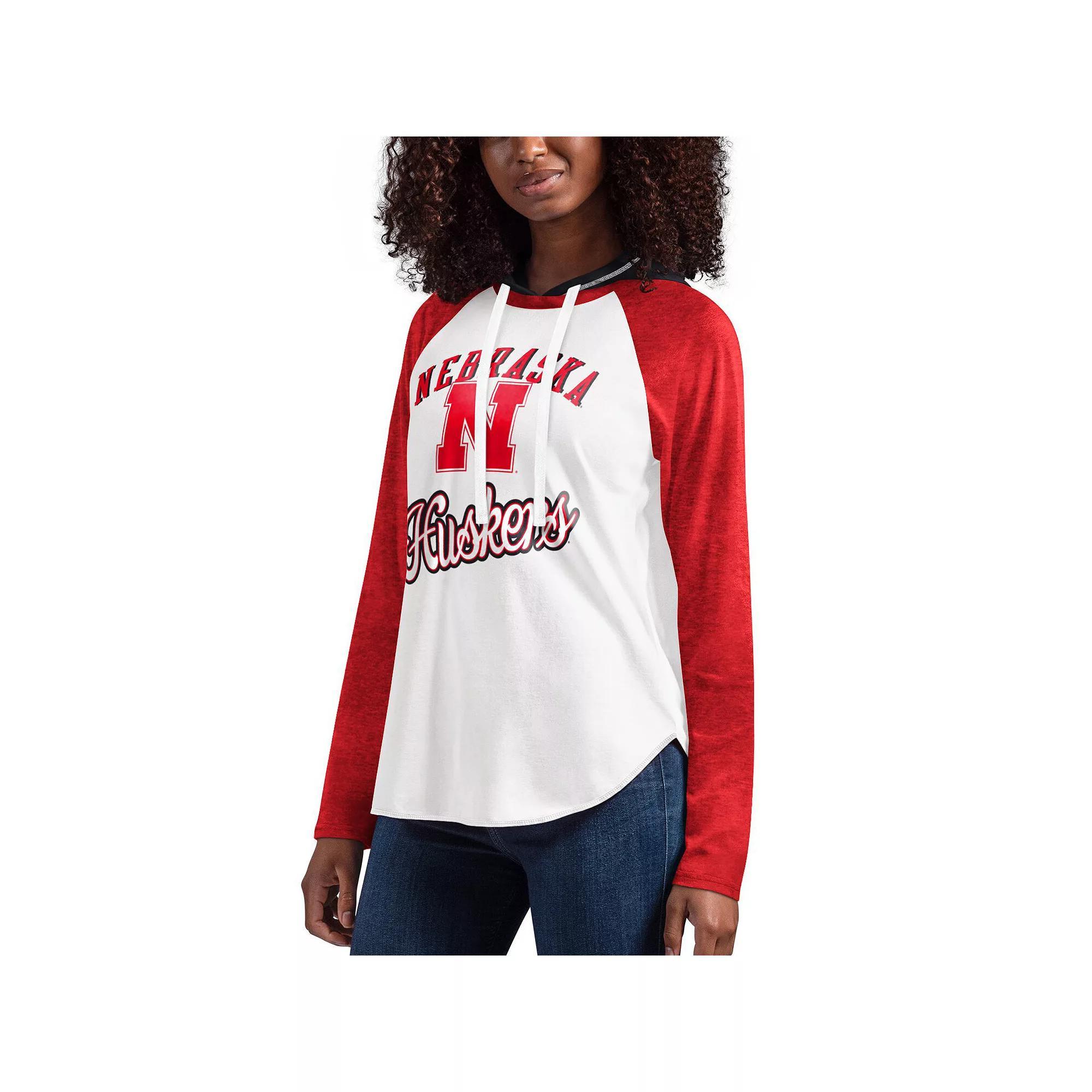 Women's G-III 4Her by Carl Banks White/Scarlet Nebraska Huskers From the Sideline Raglan Long Sleeve Hoodie T-Shirt, Size: Small Product Image