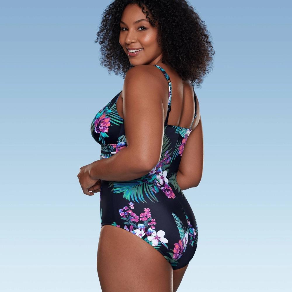 Women's Waist Detail Over the Shoulder One Piece Swimsuit - Aqua Green® Black Floral Print Product Image