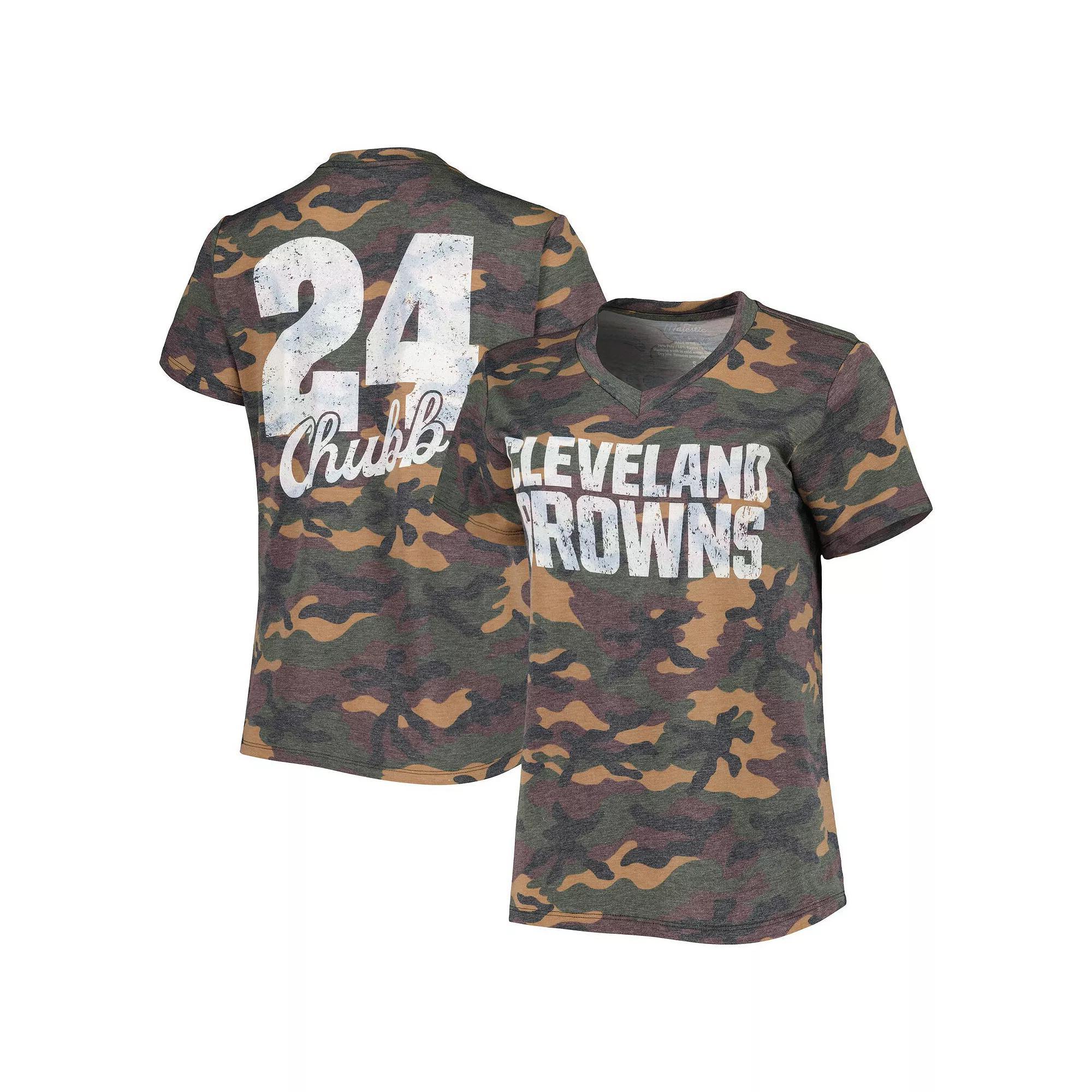 Women's Majestic Threads Nick Chubb Camo Cleveland Browns Name & Number V-Neck Tri-Blend T-Shirt, Size: Small, Green Product Image