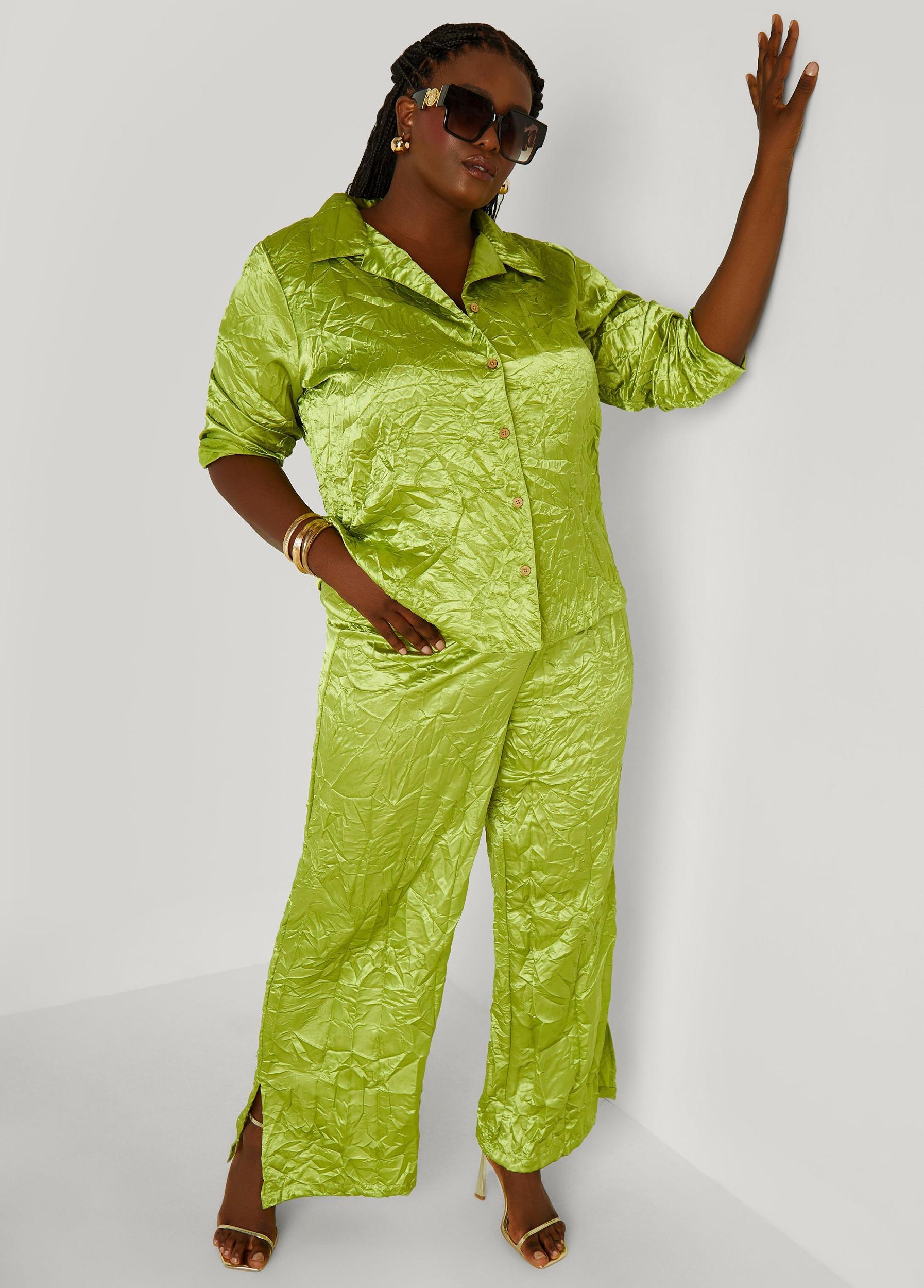 Plus Size Crinkled Satin Split Hem Pants Ashley Stewart Product Image