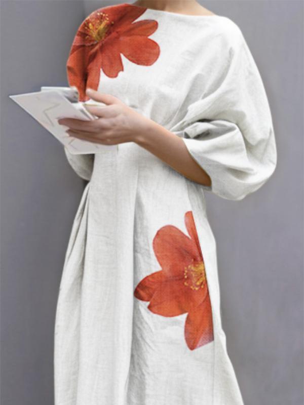 Half Sleeves Loose Flower Print Round-Neck Midi Dresses Product Image