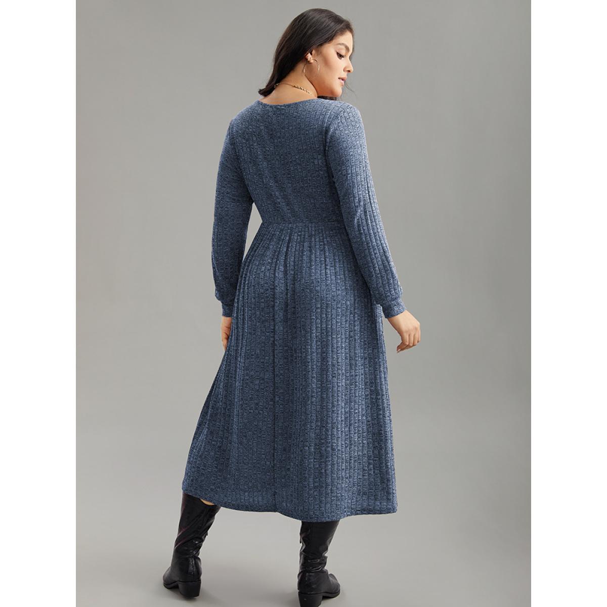 Plus Size Rib Knit Plain Plisse Long Sleeve Dress DarkBlue Women Leisure Rib Knit V-neck Long Sleeve Curvy Midi Dress BloomChic 14-16/1X Product Image