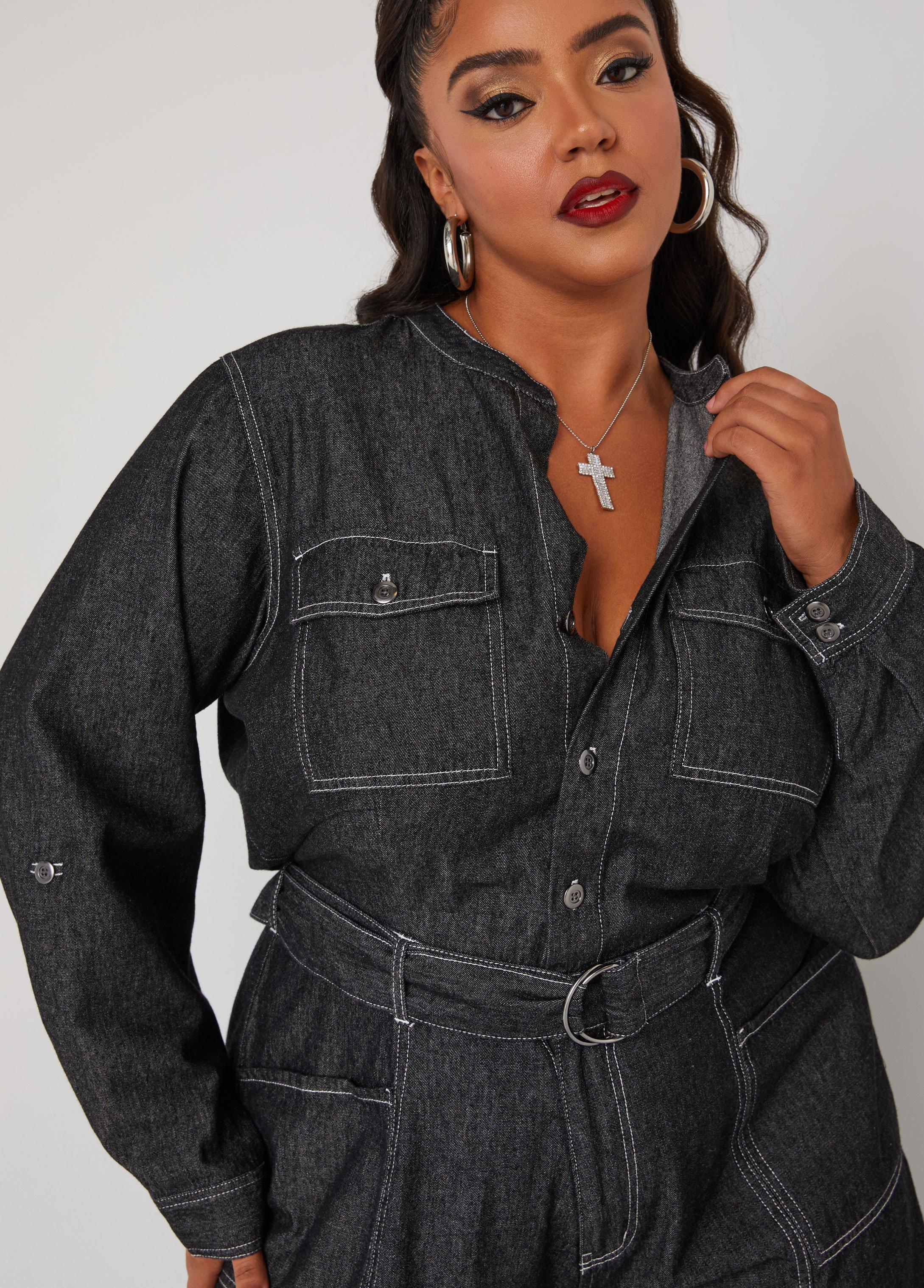 Belted Straight Leg Denim Jumpsuit Product Image