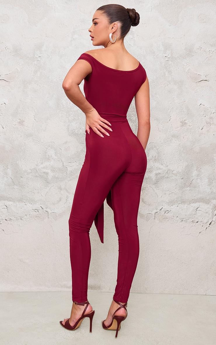 Burgundy Double Layer Slinky Knot Detail Wrap Front Jumpsuit Product Image