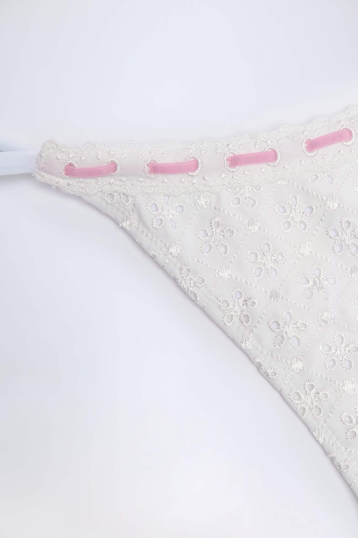 Broderie Anglaise Side-Tie Thong Bikini Bottoms in White Product Image