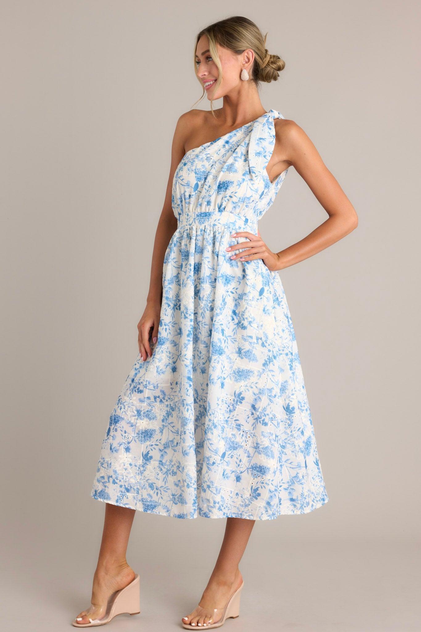 Bluebell Bliss Blue Floral One Shoulder Midi Dress Product Image