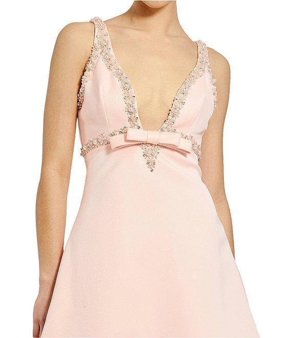 Mac Duggal Beaded Trim Deep V-Neck Sleeveless Bow Mini Babydoll Dress Product Image