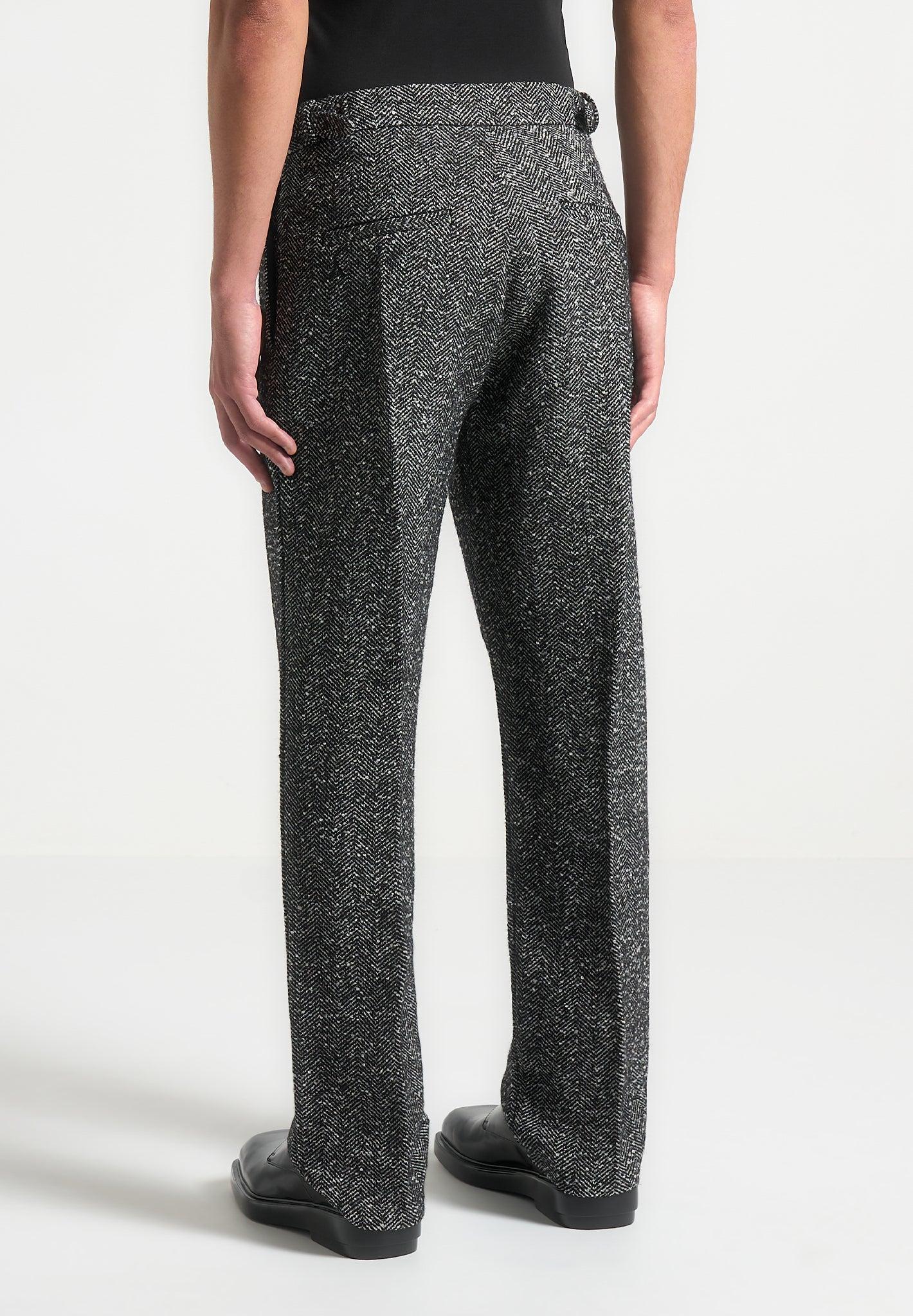 Regular Fit Herringbone Wool Blend Tailored Trousers - Black Male Product Image