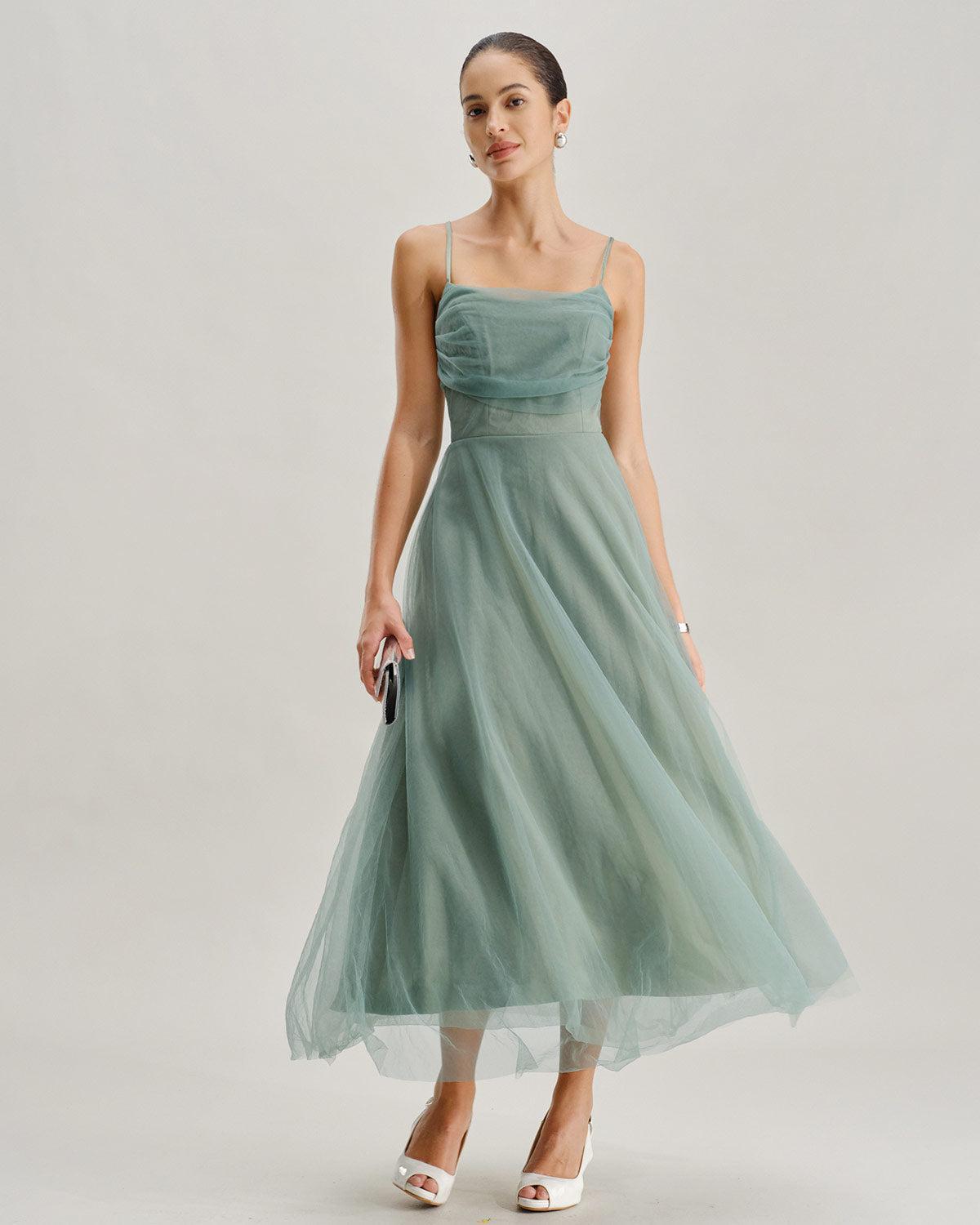 Green Mesh Flowy Slip Midi Dress Product Image