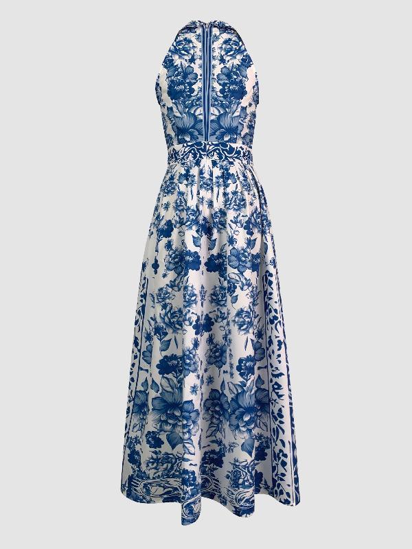 A-Line Loose Flower Print Split-Joint Lapel Maxi Dresses Product Image