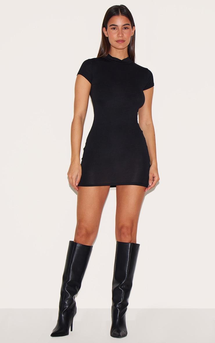 Black Jersey High Neck Cap Sleeve Bodycon Dress Product Image