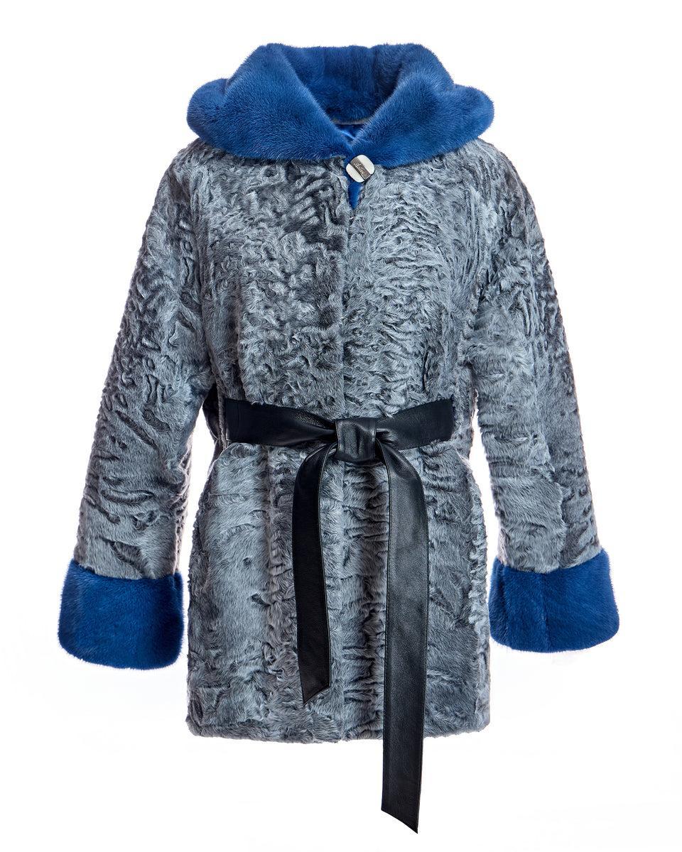 Hooded Swakara Lamb Jacket with Mink Trim Hood and Cuff Product Image