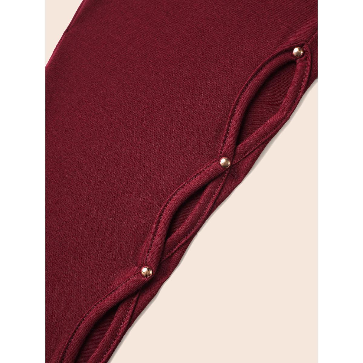 Plus Size Pearl Beaded Cut Out Midi Dress Burgundy Women Elegant Beaded Round Neck Long Sleeve Curvy BloomChic 10/M Product Image