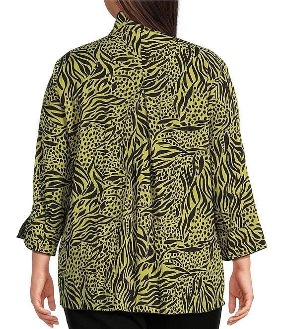 Ali Miles Plus Size Woven Zebra Leopard Print Wire Collar 3/4 Sleeve Button Front Tunic Product Image