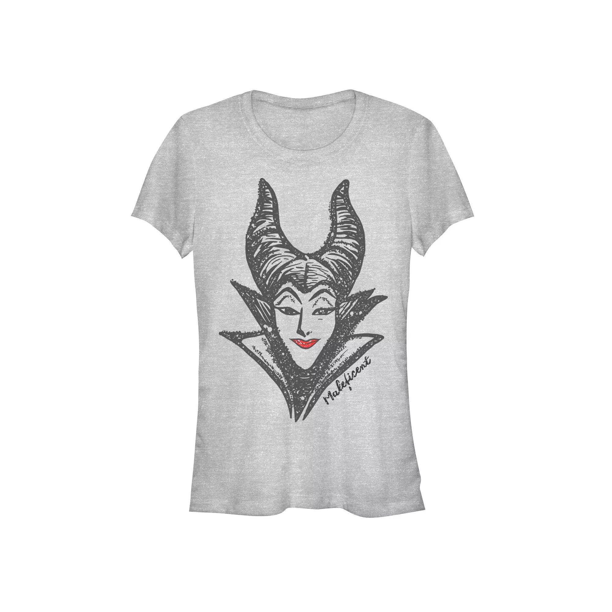 Disney Villains Sleeping Beauty Maleficent Head Sketch Juniors' Fitted Graphic Tee, Girl's, Size: Large, Athletic Grey Product Image