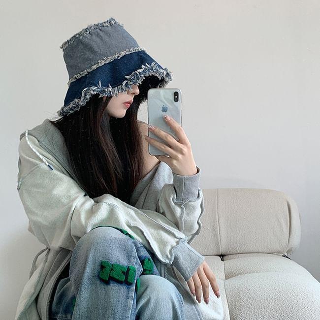 Distressed Washed Denim Bucket Hat Product Image