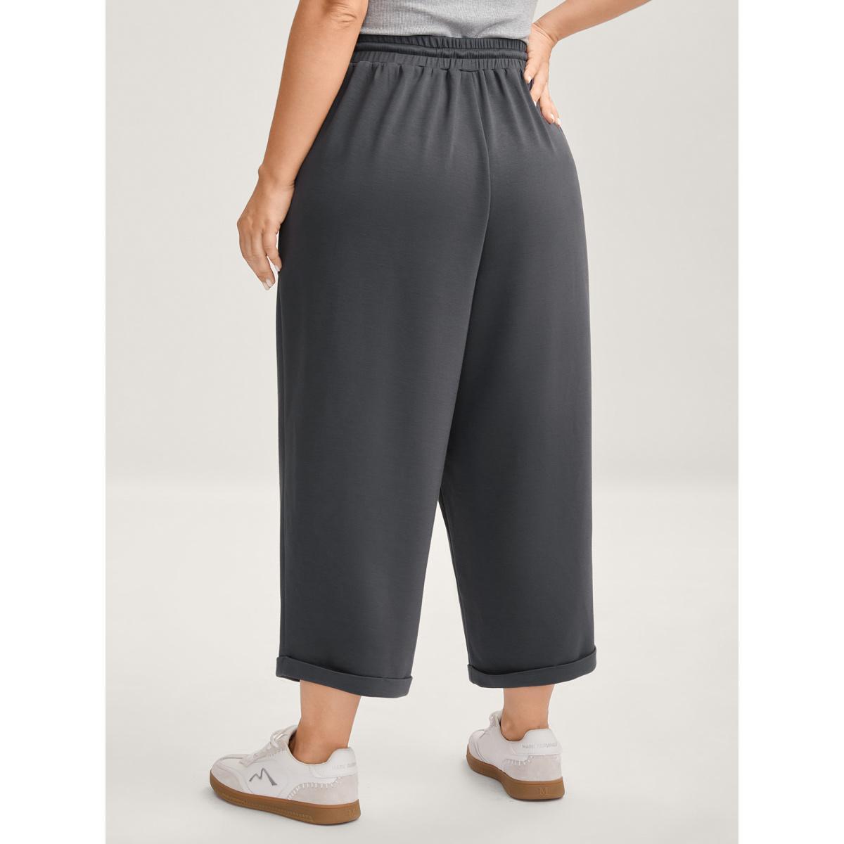 Plus Size Rolled Hem Drawstring Straight-Leg Pants Women Heather Leisure Straight Leg Mid Rise Casual Pants BloomChic 18-20/2X Product Image
