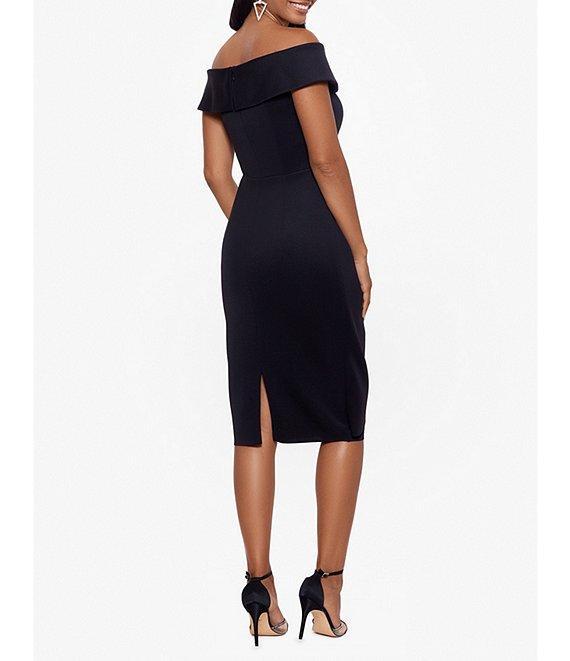 Xscape Off-the-Shoulder Cap Sleeve Sheath Ruched Side Scuba Dress Product Image
