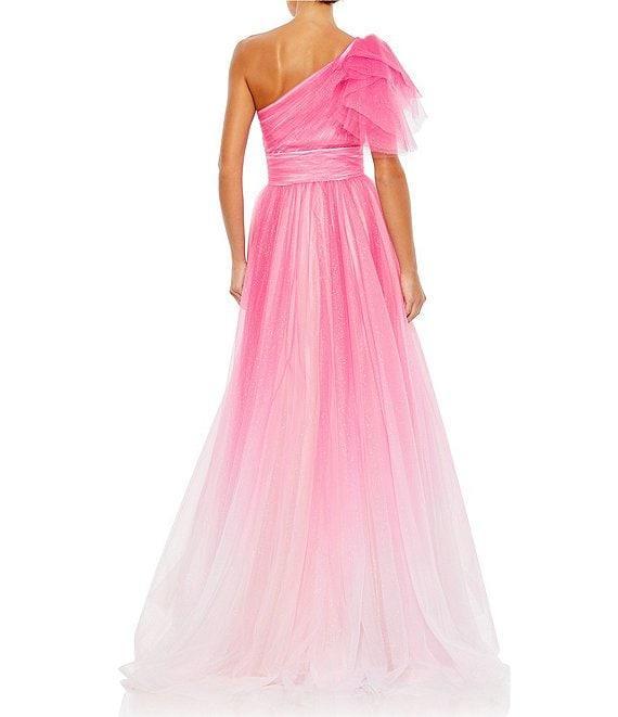 Mac Duggal Asymmetrical One Shoulder Short Ruffle Sleeve Ruched Ombre Ballgown Product Image