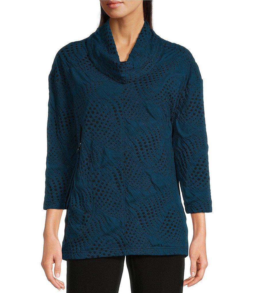 Ali Miles Knit Jacquard Cowl Neck 3/4 Sleeve Hi-Low Hem Tunic Product Image