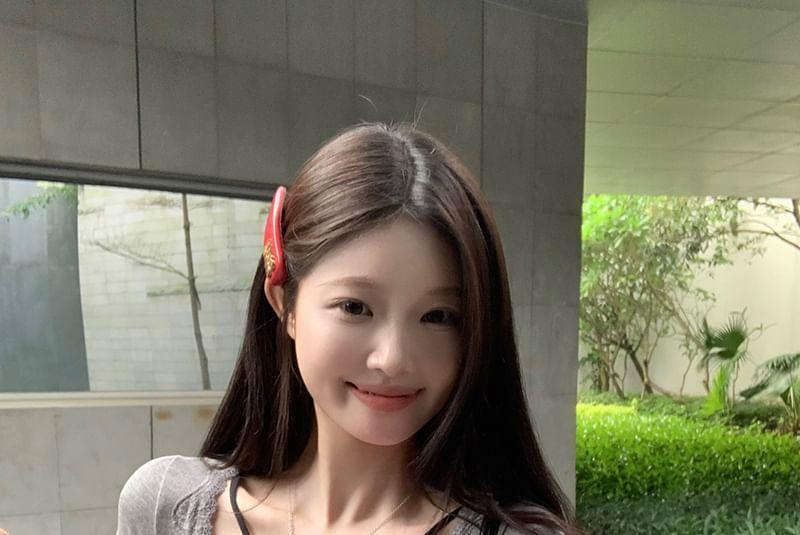 Short-Sleeve Plain Lace Trim Bow Tee Product Image