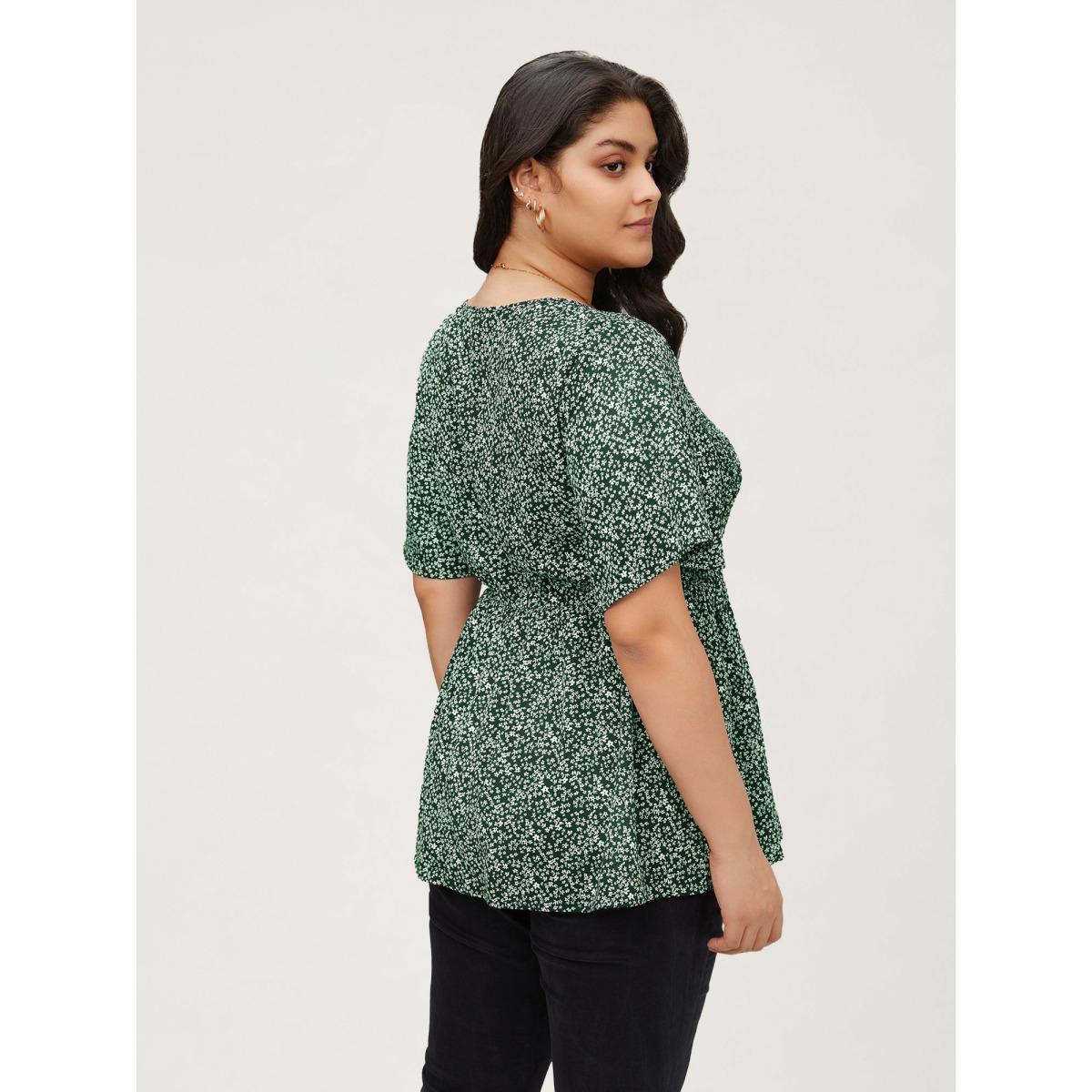 Plus Size Black Ditsy Floral Shirred Ruffle Sleeve Elastic Waist Blouse Women Timeless Short sleeve V-neck Elegant Blouses BloomChic 28/5X Product Image