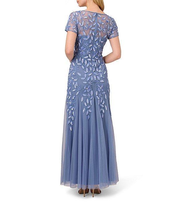 Adrianna Papell Round Neck Short Sleeve Floral Beaded Mesh Godet Fit and Flare Gown Product Image