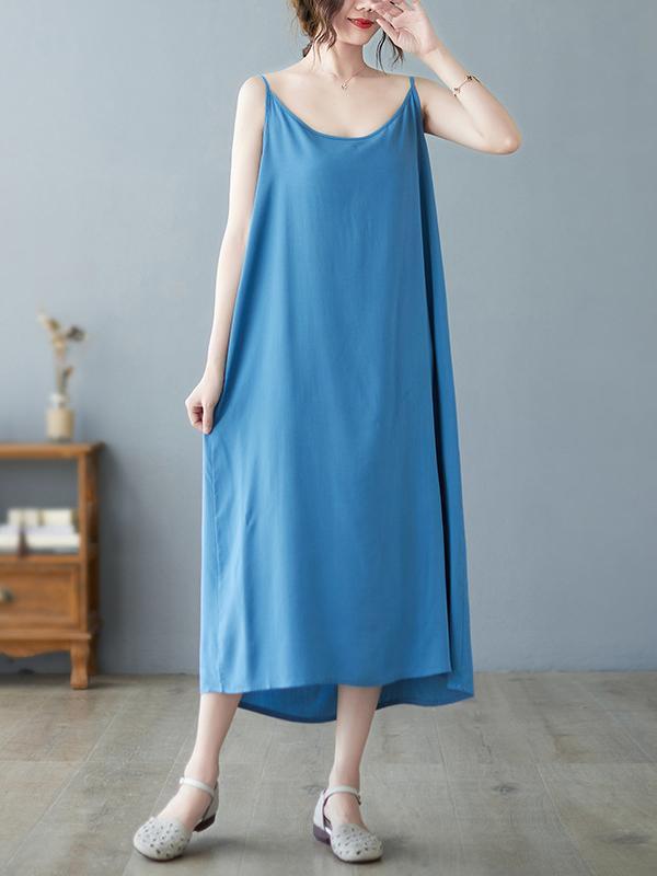 Loose Sleeveless Solid Color Spaghetti-Neck Midi Dresses Product Image