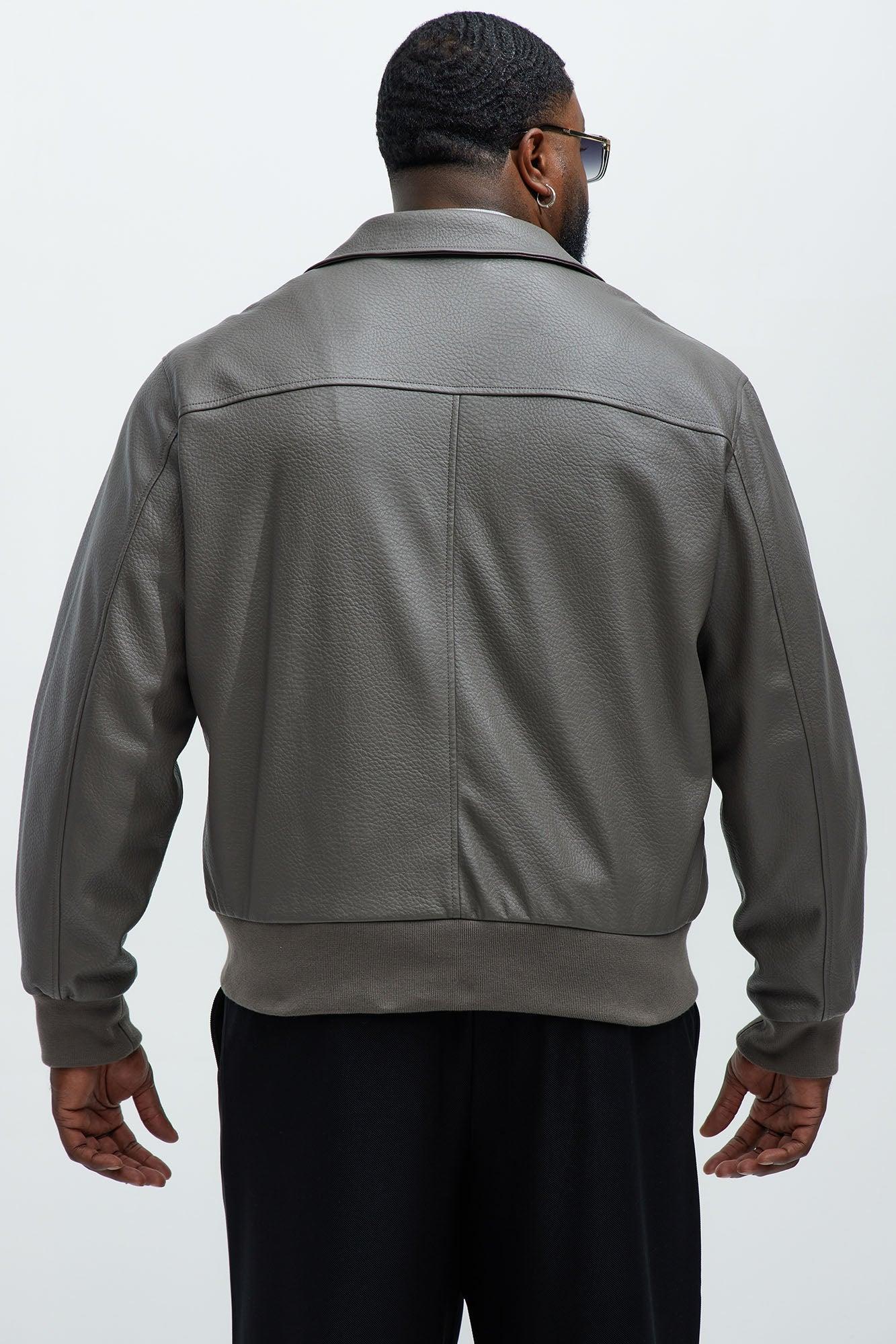 Carver Faux Leather Collar Bomber Jacket - Grey Product Image