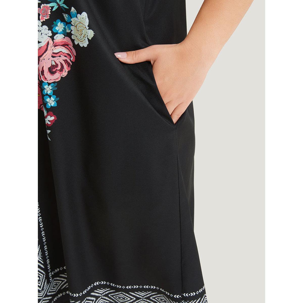 Plus Size Boho Print Pocket Cami Knee Dress Black Women Vacation Printed Spaghetti Strap Sleeveless Curvy Knee Dress BloomChic 10/M Product Image