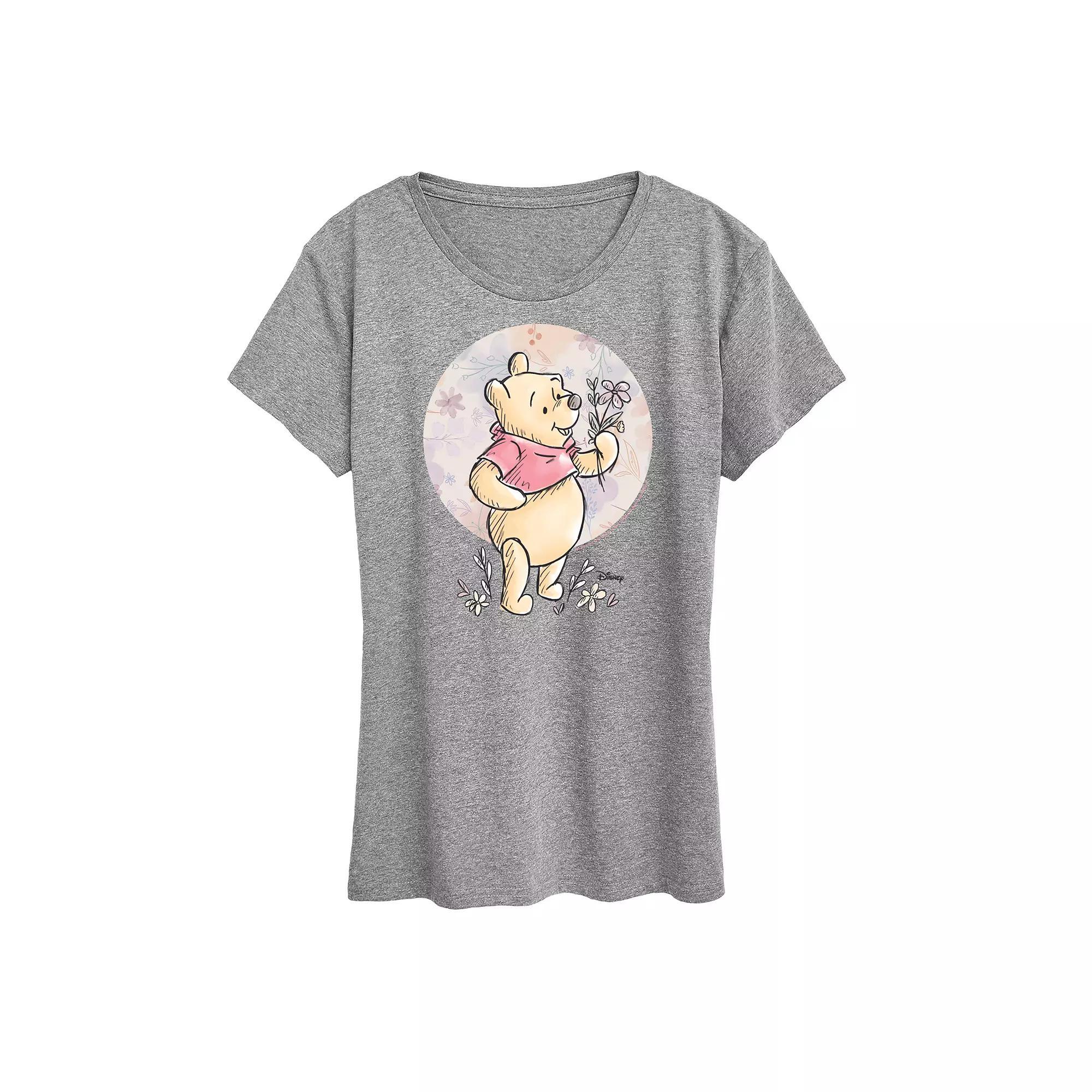 Disney's Minnie Mouse Women's Floral Circle Pooh Graphic Tee, Size: Large, Grey Gray Product Image