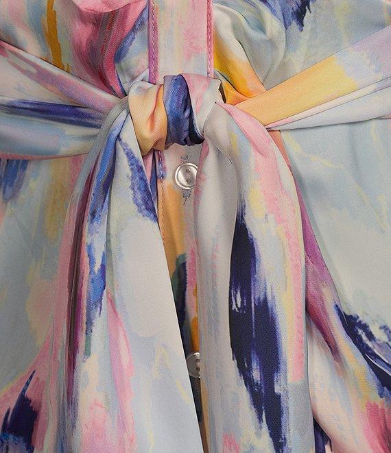 Steve Madden Tori Watercolor Print Point Collar Short Kimono Cuff Sleeve Ruched Front Asymmetrical Hem Midi Shirt Dress Product Image