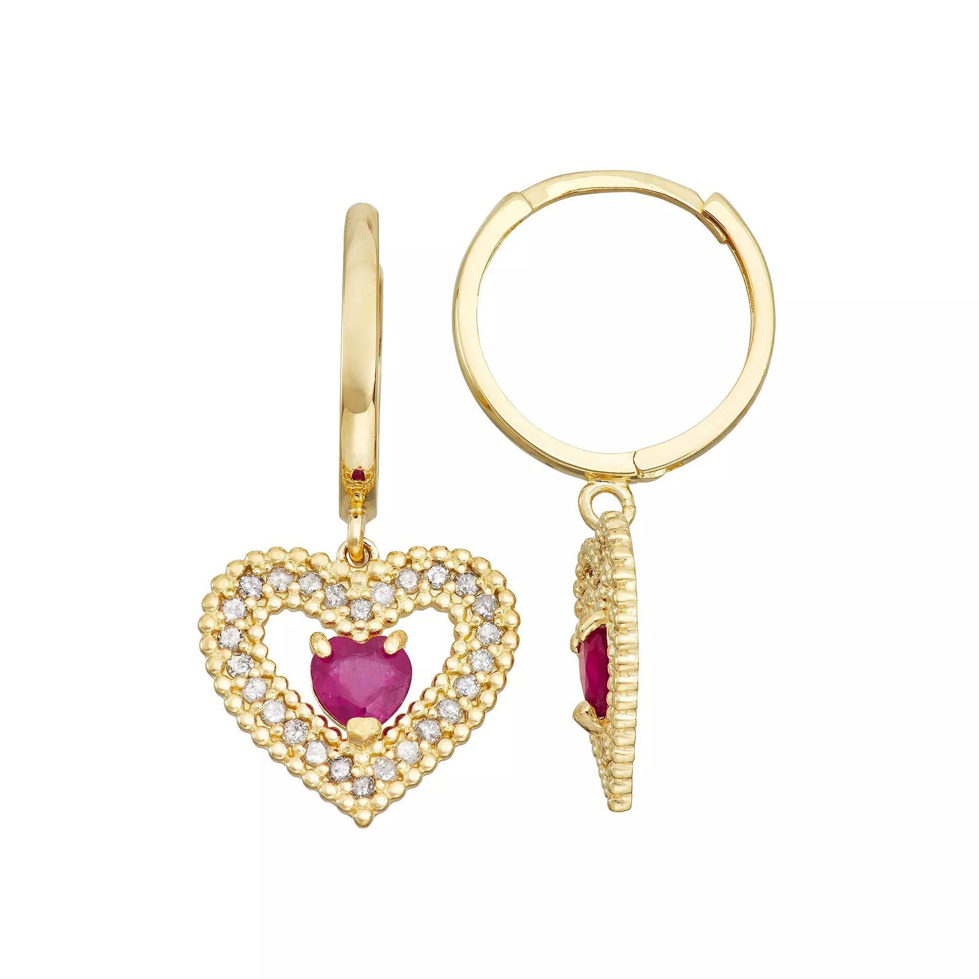 Tiara 10k Gold Ruby & 1/3 Carat T.W. Diamond Heart Drop Earrings, Women's Product Image