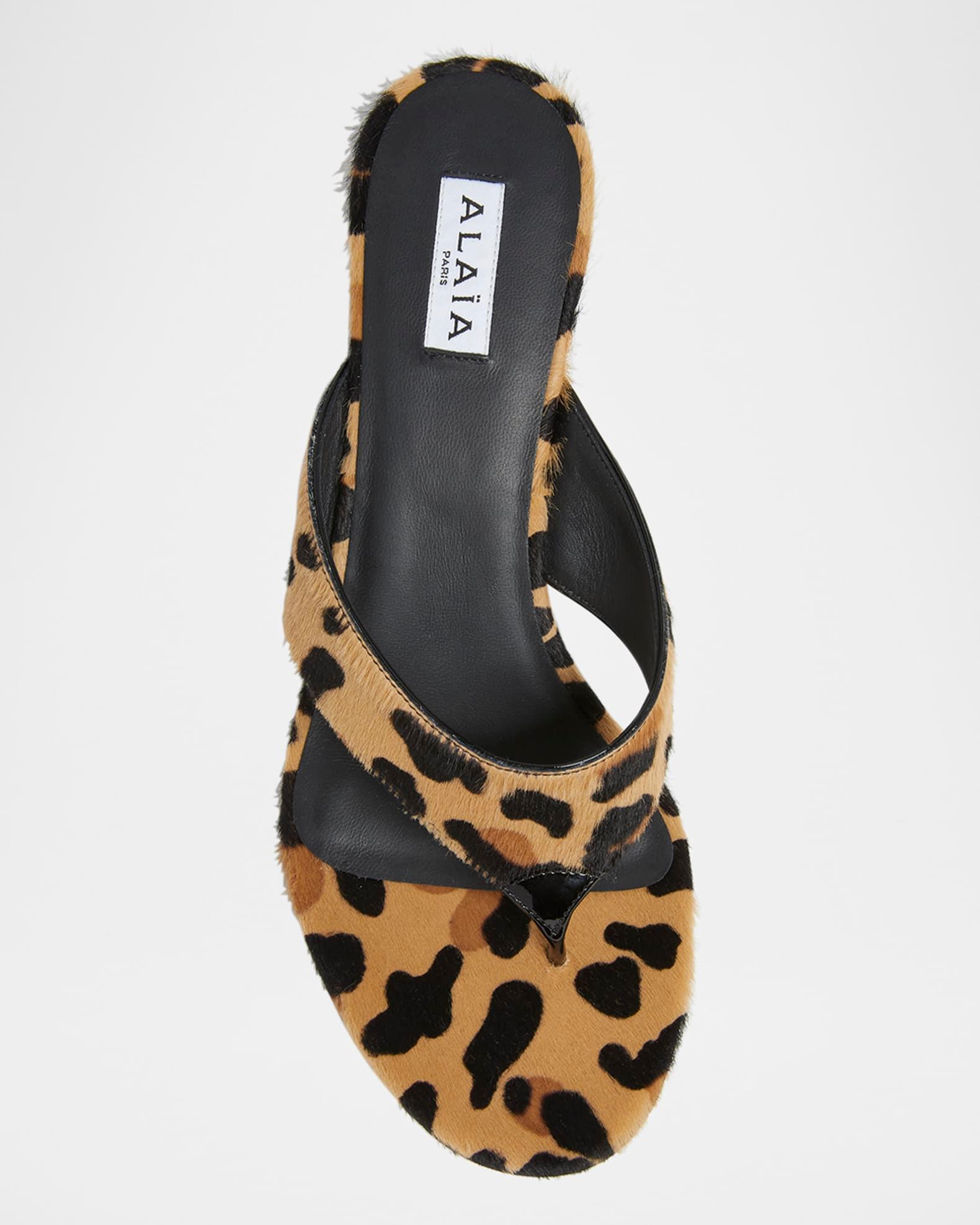 Leopard Horse Hair Kitten-Heel Thong Sandals Product Image