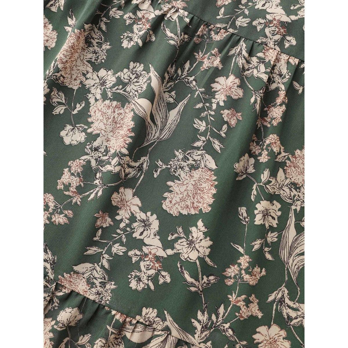 Plus Size Floral Shirred Ruffles See Through Dress ArmyGreen Women Elegant See through Flat collar with V-notch Long Sleeve Curvy BloomChic 30/6X Product Image